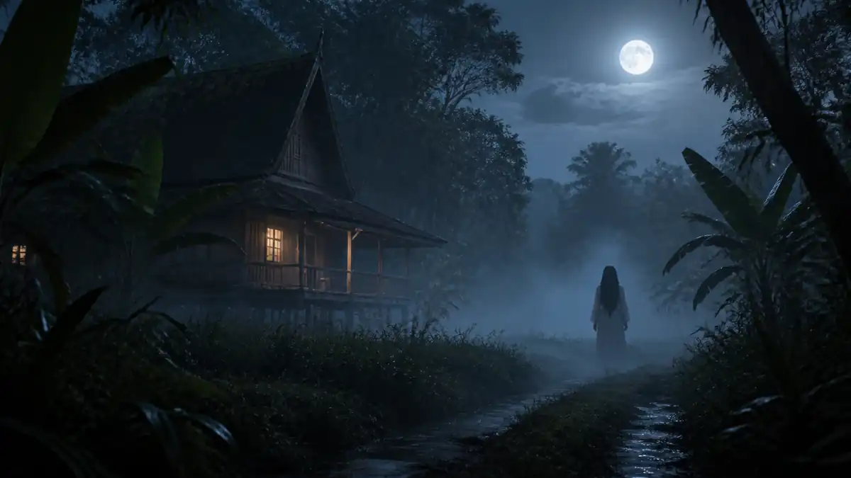 Ilustrasi kuntilanak di jalan berkabut dekat rumah kayu pada malam hari