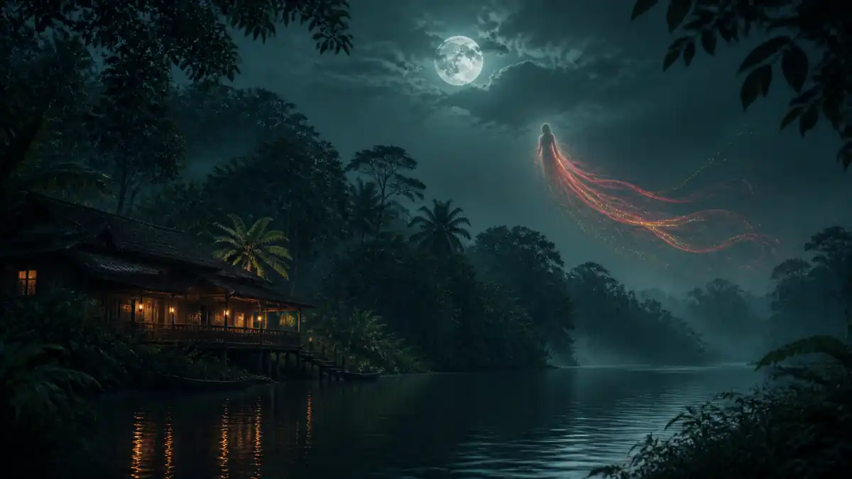 Ilustrasi simbolis Kuyang melayang di atas sungai dan hutan Kalimantan pada malam hari