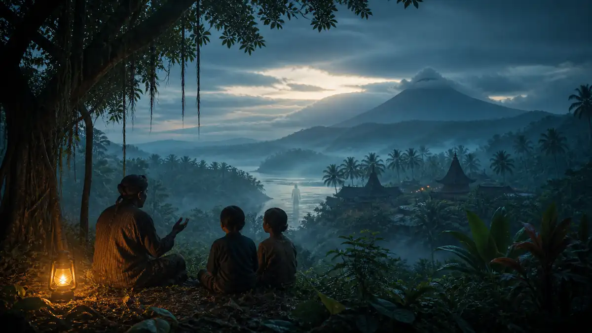 Pencerita dan dua anak memandang lanskap Nusantara berkabut saat senja